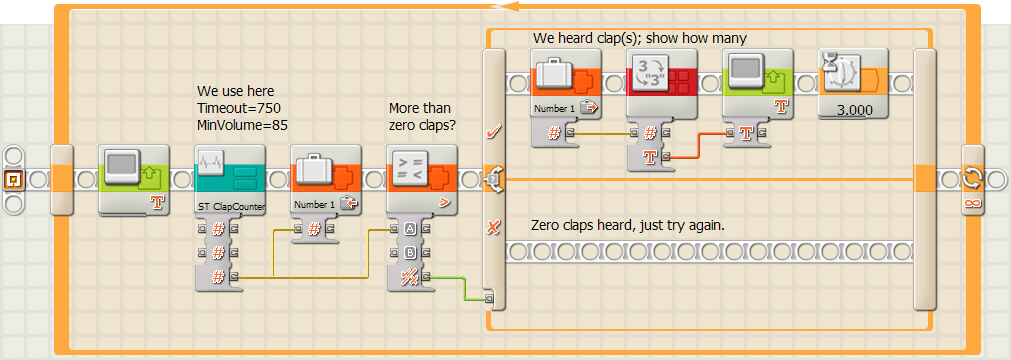 A NXT-G program that uses the Clap Counter MyBlock