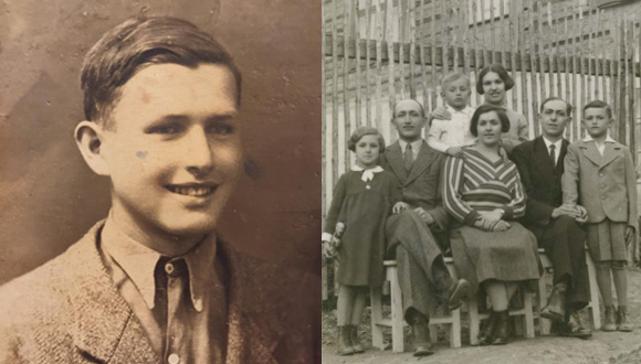 משמאל: משפחת הרצוק שנספתה בשואה (אברהם ששרד הוא הילד הימני ביותר). מימין: אברהם הרצוק בצעירותו