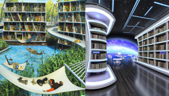 בחלל או בטבע. ספריות העתיד שצוירו במחולל DALL E