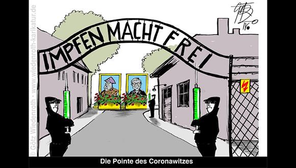 קריקטורת תעמולה: שער הכניסה לאושוויץ ועליו המלים "החיסון משחרר", במקום "העבודה משחררת"