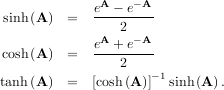              eA---e--A-
 sinh(A)  =      2
             eA-+-e--A-
cosh(A)  =      2
tanh(A)  =   [cosh(A)]-1sinh (A).
