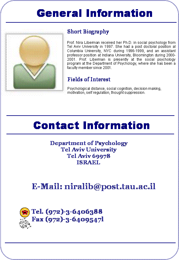 ���� ����: Department of Psychology
Tel Aviv University
Tel Aviv 69978
ISRAEL
 
 
,J0281008,MCj03075960000[1],MCj04058820000[1]