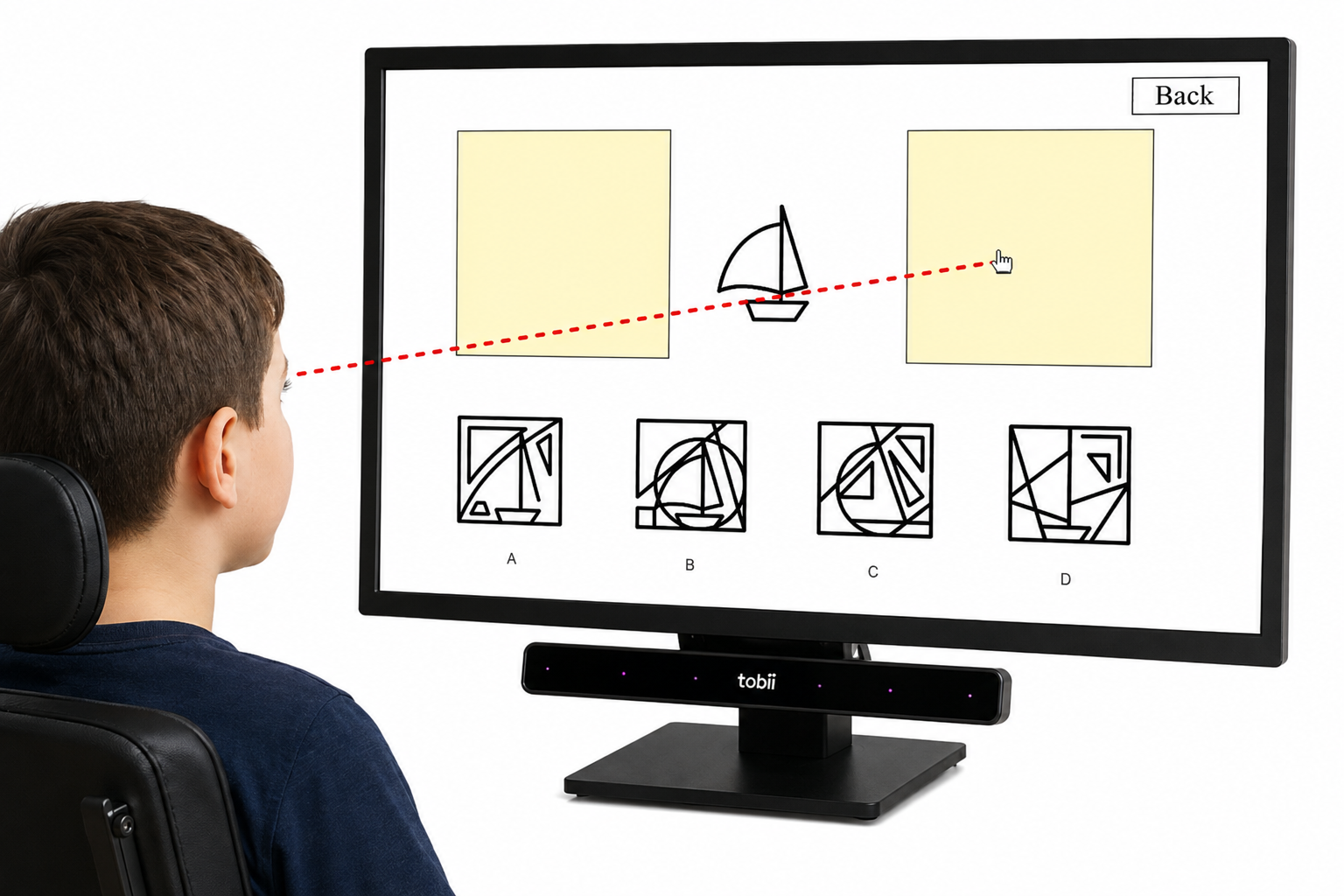 Child using an eye-tracking system (Tobii) to complete a visual perception task on screen, selecting a matching shape from four options while a gaze trace shows eye movement toward the answer
