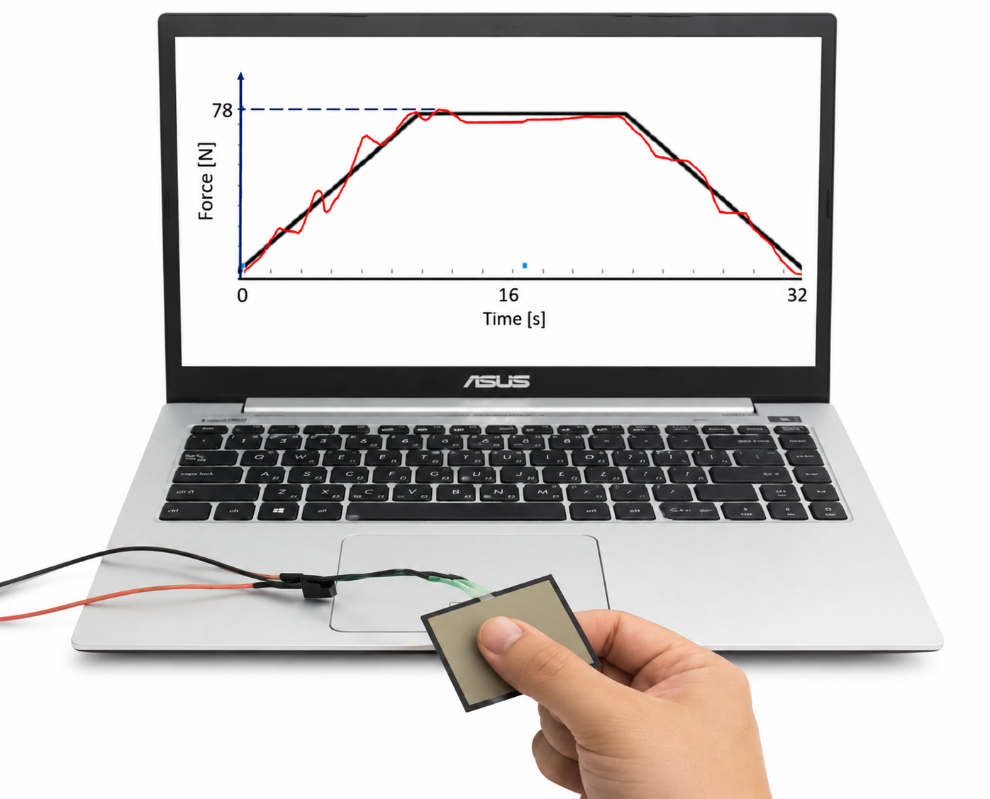Lateral pinch force modulation testing system: force-sensing resistor pinched between thumb and finger, connected to a laptop displaying a real-time force-versus-time curve to trace against a target trapezoidal profile