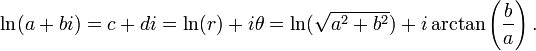 \ln(a + bi) = c + di = \ln( r ) + i \theta = \ln(\sqrt{a^2 + b^2}) + i \arctan\left(\frac{b}{a}\right).\,