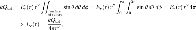 \begin{align} k Q_\mathrm{tot} &= E_r(r)\, r^2 \iint_{\mathrm{surface}\atop\mathrm{of\, sphere}}  \sin\theta \, d\theta\, d\phi = E_r(r)\, r^2 \int_{0}^{\pi}\int_{0}^{2\pi}  \sin\theta \, d\theta\, d\phi = E_r(r)\, r^2\,4\pi\\ &\Longrightarrow\, E_r(r) = \frac{k Q_\mathrm{tot}}{4\pi r^2 }, \end{align} 