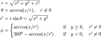 
\begin{align}
r  &= \sqrt{x^2+y^2+z^2} \\
\theta &= \arccos(z/r), \quad r \ne 0 \\ 
r'  & = r \sin\theta = \sqrt{x^2+y^2} \\
\phi & = \begin{cases}
 \arccos(x/r')&\quad \hbox{if}\quad  y \ge 0,\quad r' \ne 0   \\
 360^0 - \arccos(x/r')&\quad \hbox{if}\quad  y < 0,\quad r'\ne 0   \\
\end{cases}
\end{align}
