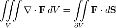 \iiint\limits_V \nabla \cdot \mathbf{F} \, d V =
\iint\limits_{\partial V}\mathbf{F} \cdot d\mathbf{S}

