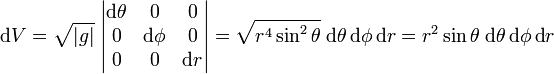 
\text{d}V = \sqrt{|g|} \;
\begin{vmatrix}
\text{d}\theta &  0         & 0 \\
0         & \text{d}\phi  & 0 \\
0         & 0          & \text{d}r \\
\end{vmatrix} 
=\sqrt{r^4\sin^2\theta}\; \text{d}\theta\,\text{d}\phi\,\text{d}r
= r^2\sin\theta\; \text{d}\theta\,\text{d}\phi\,\text{d}r
