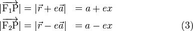 
\begin{align}
|\overrightarrow{\mathrm{F}_1\mathrm{P}}| &= |\vec{r} +  e \vec{a}| &= a + ex &\\
|\overrightarrow{\mathrm{F}_2\mathrm{P}}| &= |\vec{r} -  e \vec{a}| &= a - ex &
\qquad\qquad\qquad\quad(3)\\
\end{align}
