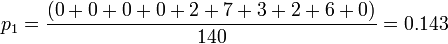 p_1 = \frac{(0+0+0+0+2+7+3+2+6+0)}{140} = 0.143
