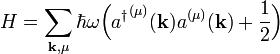 
H = \sum_{\mathbf{k},\mu} \hbar \omega \Big({a^\dagger}^{(\mu)}(\mathbf{k})a^{(\mu)}(\mathbf{k}) + \frac{1}{2}\Big)

