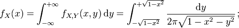  f_X(x) = \int_{-\infty}^{+\infty} f_{X,Y}(x,y) \, \mathrm{d}y = \int_{-\sqrt{1-x^2}}^{+\sqrt{1-x^2}} \frac{ \mathrm{d}y }{ 2\pi\sqrt{1-x^2-y^2} } \, ; 