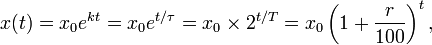 x(t) = x_0 e^{kt} = x_0 e^{t/\tau} = x_0 \times 2^{t/T}
= x_0 \left( 1 + \frac{r}{100} \right)^t,