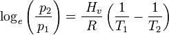 \log_e \left( \frac{\; p_2}{p_1} \right) = \frac{\;H_v}{R} \left( \frac{1}{T_1} - \frac{1}{T_2} \right)