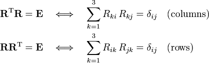 
\begin{align}
\mathbf{R}^\mathrm{T} \mathbf{R}  &= \mathbf{E} \quad\Longleftrightarrow\quad
\sum_{k=1}^{3} R_{ki}\, R_{kj} =\delta_{ij} \quad\hbox{(columns)} \\
\mathbf{R} \mathbf{R}^\mathrm{T}  &= \mathbf{E} \quad\Longleftrightarrow\quad
\sum_{k=1}^{3} R_{ik}\, R_{jk} =\delta_{ij} \quad\hbox{(rows)} \\
\end{align}
