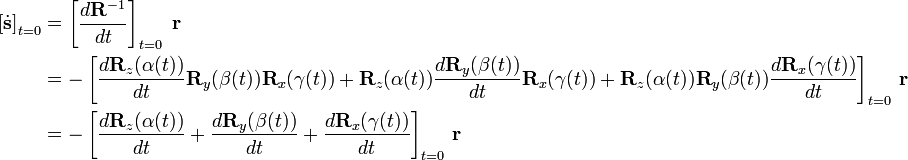 
\begin{align}
\left[\dot{\mathbf{s}}\right]_{t=0} &=
\left[ \frac{d \mathbf{R}^{-1}}{dt}\right]_{t=0} \; \mathbf{r}  \\
&= - \left[
  \frac{d\mathbf{R}_z(\alpha(t))}{dt}\mathbf{R}_y(\beta(t))\mathbf{R}_x(\gamma(t)) 
+ \mathbf{R}_z(\alpha(t))\frac{d\mathbf{R}_y(\beta(t))}{dt}\mathbf{R}_x(\gamma(t))  
+ \mathbf{R}_z(\alpha(t))\mathbf{R}_y(\beta(t))\frac{d\mathbf{R}_x(\gamma(t))}{dt}
\right]_{t=0}\,\mathbf{r} \\
&=- \left[\frac{d\mathbf{R}_z(\alpha(t))}{dt} + \frac{d\mathbf{R}_y(\beta(t))}{dt}+\frac{d\mathbf{R}_x(\gamma(t))}{dt}\right]_{t=0}\,\mathbf{r}\\
\end{align}
