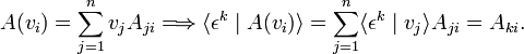 
A(v_i) = \sum_{j=1}^n v_j A_{ji} \Longrightarrow
\langle \epsilon^k \mid  A(v_i) \rangle = \sum_{j=1}^n \langle \epsilon^k \mid v_j \rangle A_{ji}
= A_{ki}.
