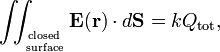  \iint_{\mathrm{closed}\atop\mathrm{surface}} \mathbf{E}(\mathbf{r})\cdot d \mathbf{S} =kQ_\mathrm{tot}, 