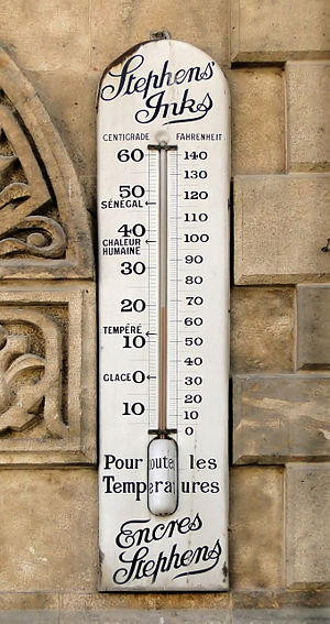 A thermometer displaying temperatures in degrees Celsius and in degrees Fahrenheit.